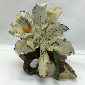 Capodimonte Porcelain Vase Flowers on Log Vintage